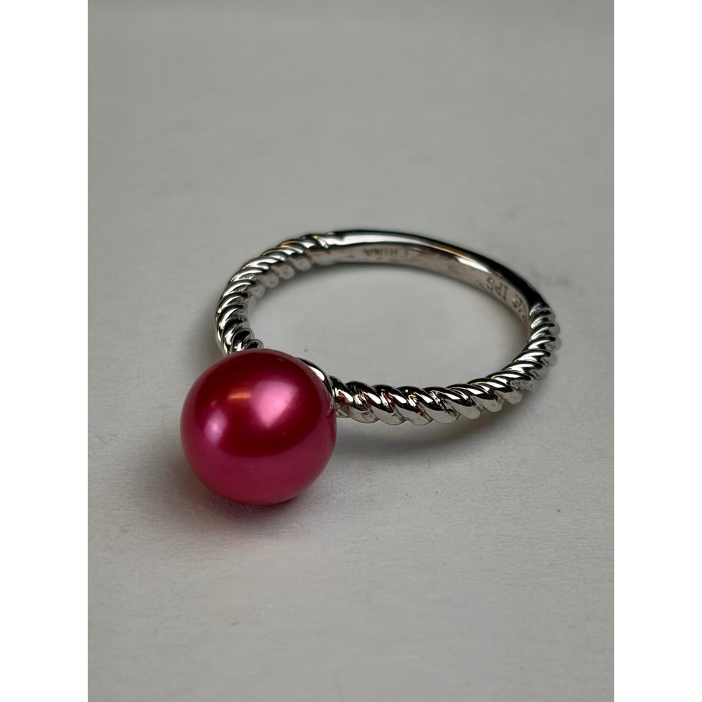 IPS Sterling Silver Ring 6.5 Hot Pink Pearl Twisted Cable Band Magenta Solitaire